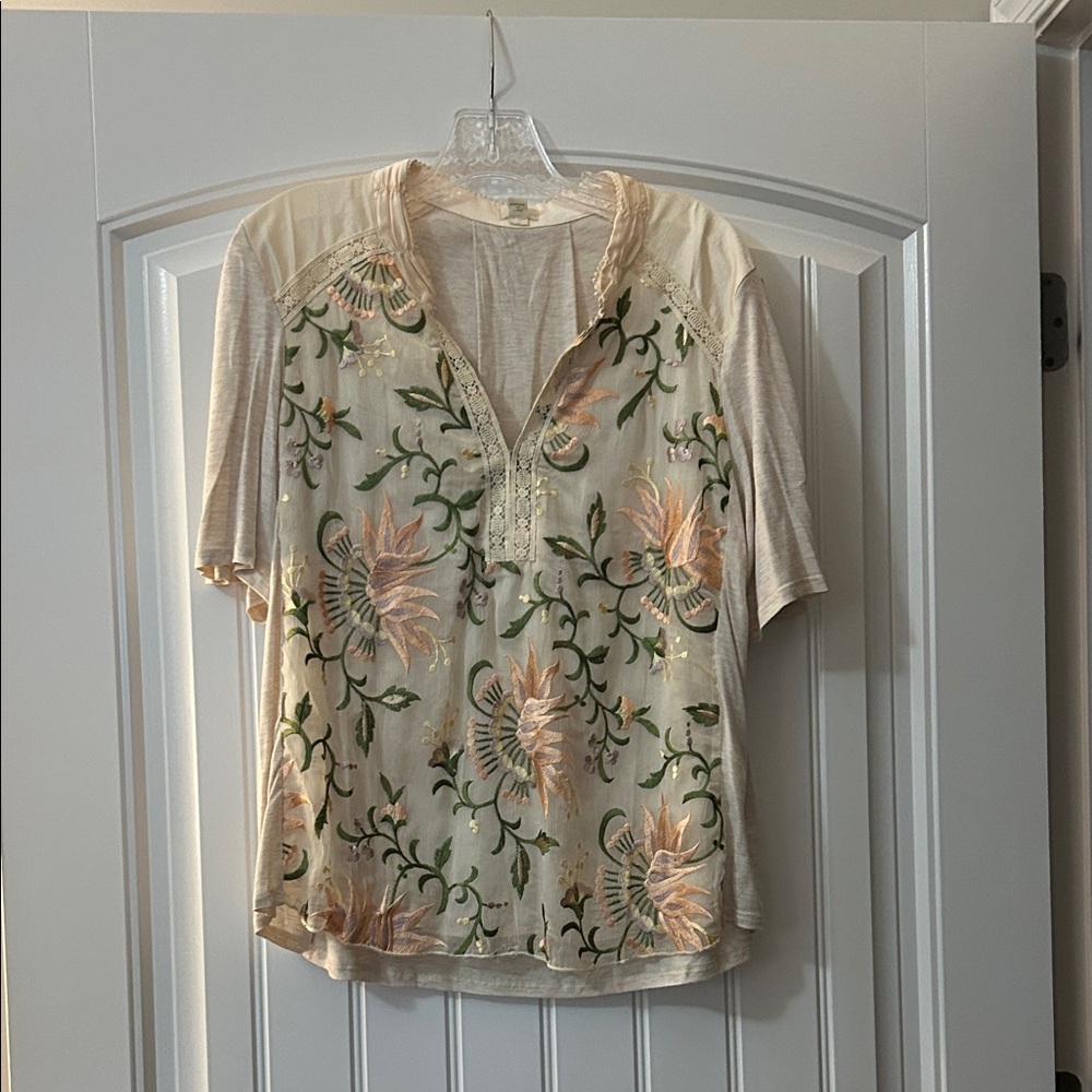 Anthropologie Beige Floral Embroidered Top